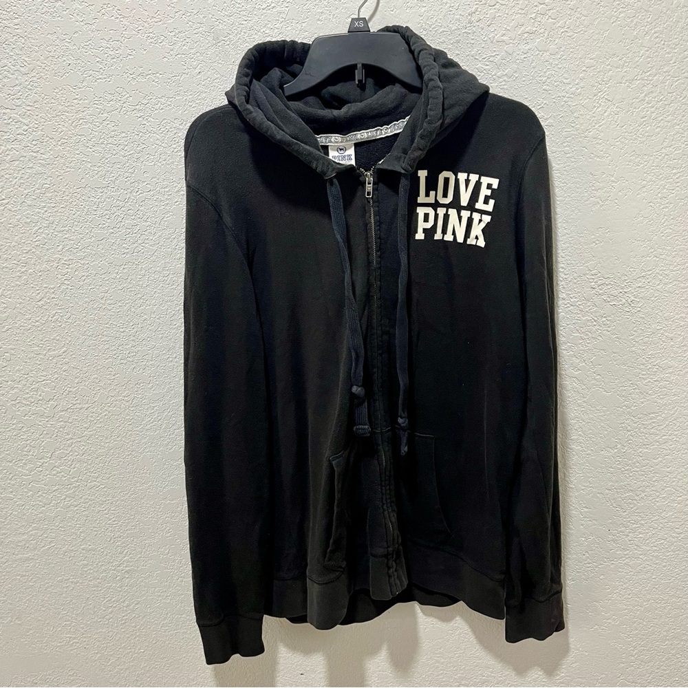 Victoria's Secret Love Pink Black Zip Front Hooded Sweatshirt